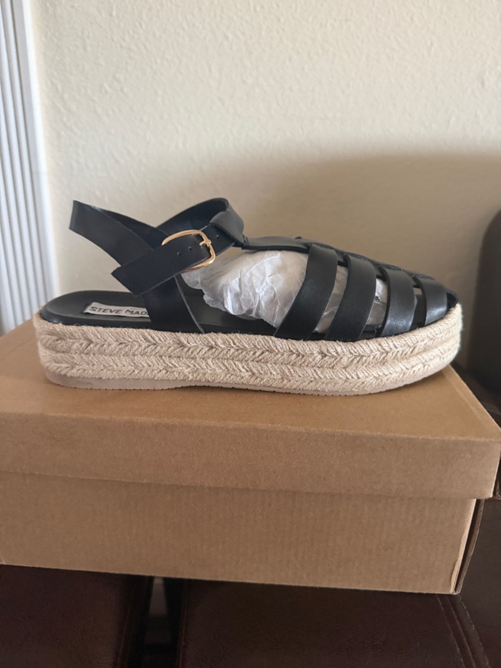 Steve Madden Marlin Black Leather Espadrille Platform Sandal